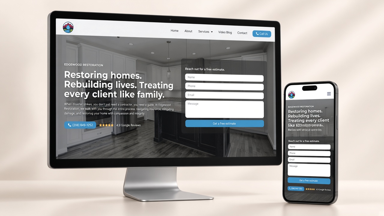Edgewood Restoration website on desktop and iPhone