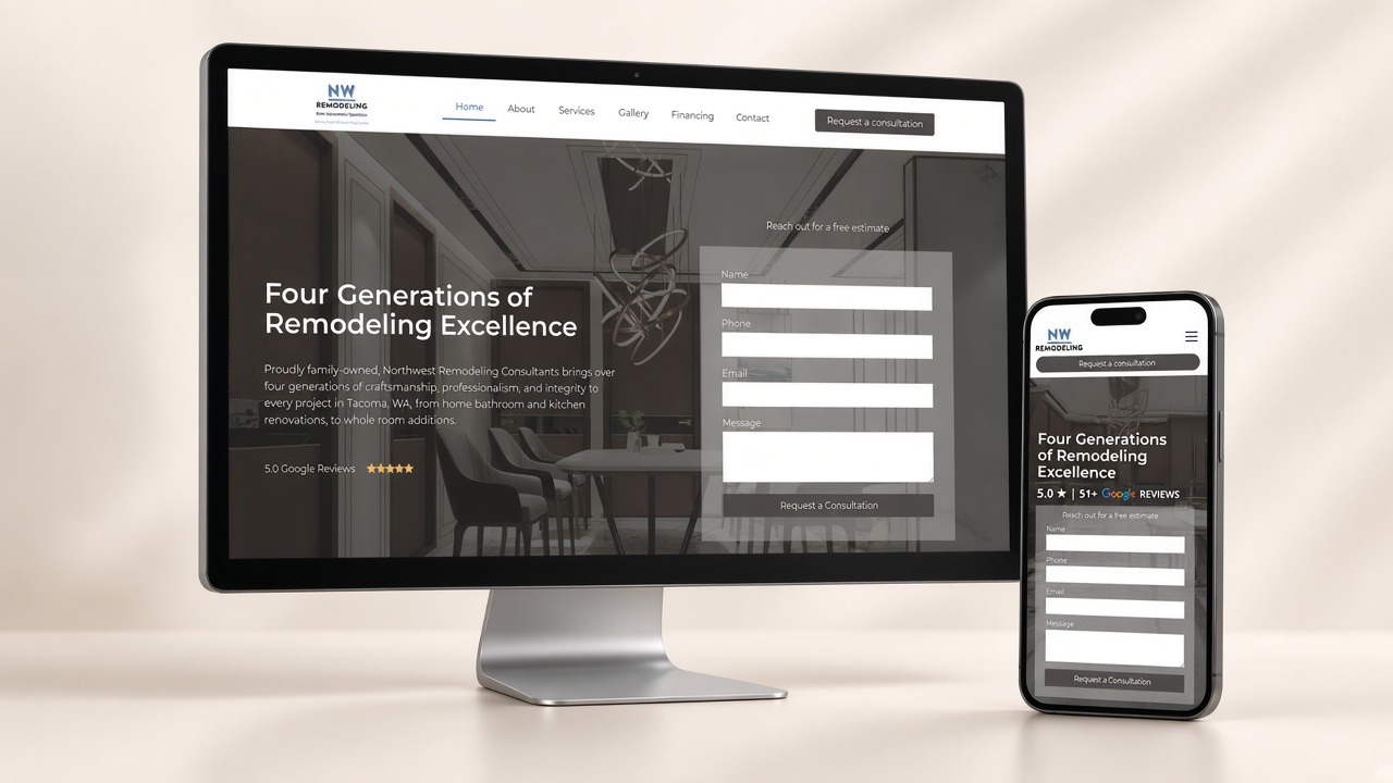 NW Remodeling Consultants website on a desktop monitor and iPhone