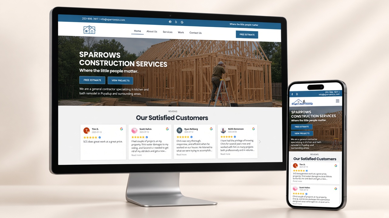 Sparrows Construction Services website on desktop and iPhone