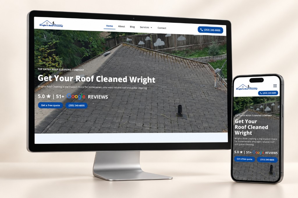 Wright’s Roof Cleaning website on a desktop monitor and iPhone